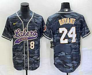 Mens Los Angeles Lakers #8 #24 Kobe Bryant Black Camo With Patch Cool Base Stitched Baseball Jersey